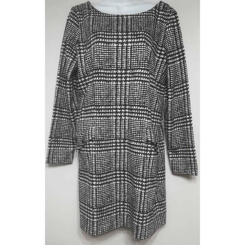 Ann Taylor Loft Shift Dress Women’s 14 Knit Long Sleeve Black Houndstooth NEW - Picture 4 of 12